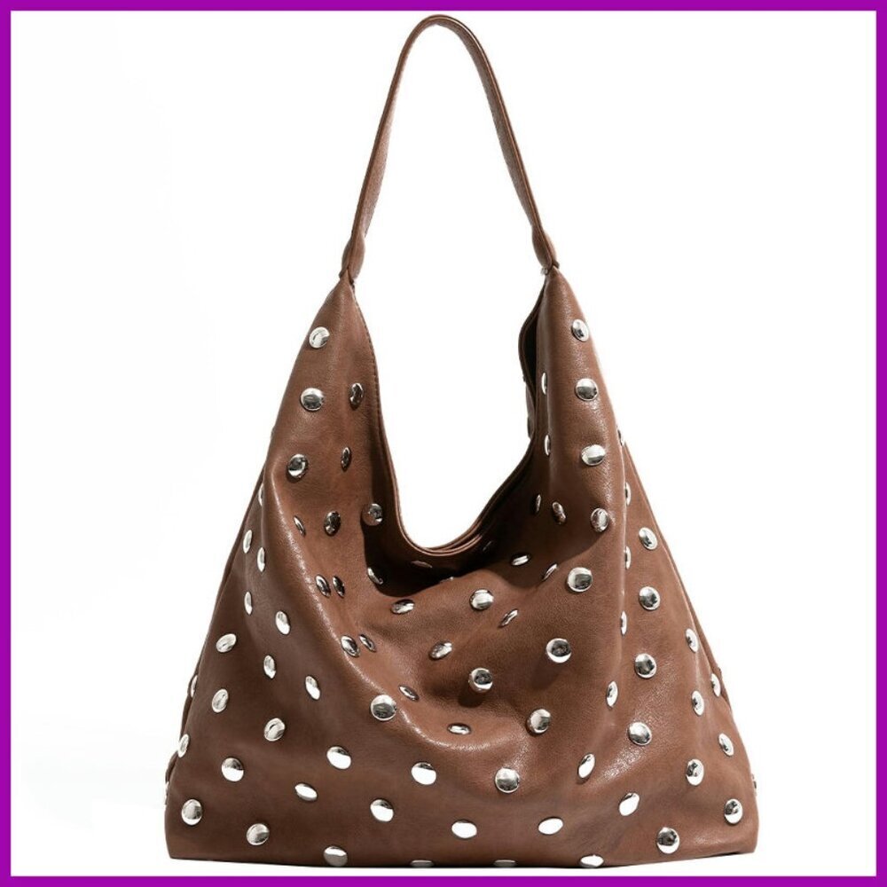 Studded Vegan Leather Hobo Bag Large Capacity Tote Purse